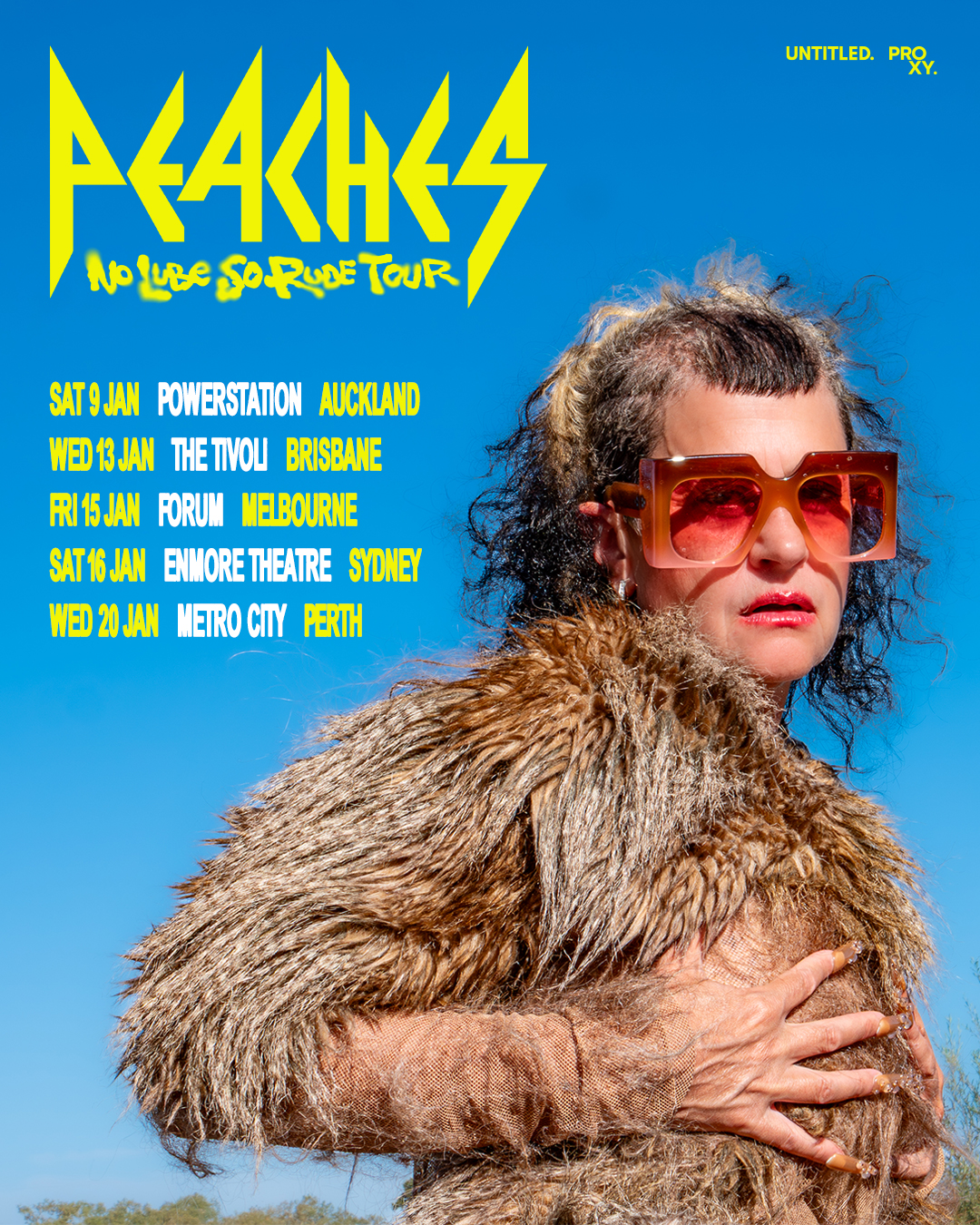 Peaches No Lube So Rude tour poster listing January dates and venues across Australia and New Zealand against a bright blue sky background